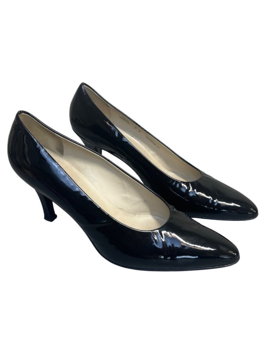 Bally Black Patent Leather Pumps Pointed Toe Sz 7E Wide Switzerland Office Heel